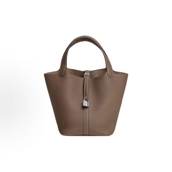 HERMES Picotin Lock 22 silver buckle basket bucket bag handbag for women, 18 Etoupe Elephant grey